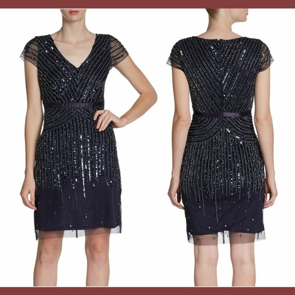 NEW Adrianna Papell Mesh Overlay Embellished Dress in Navy Blue [SZ‎ 6 ] - Picture 1 of 10